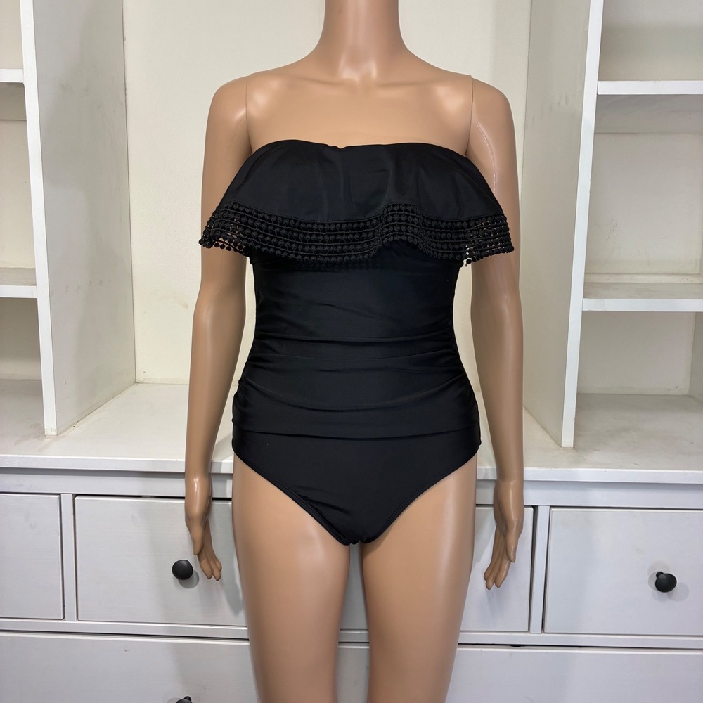 Kona Sol Black Ruffle Crochet Strapless One Piece Swimsuit Bandeau Ruched Small